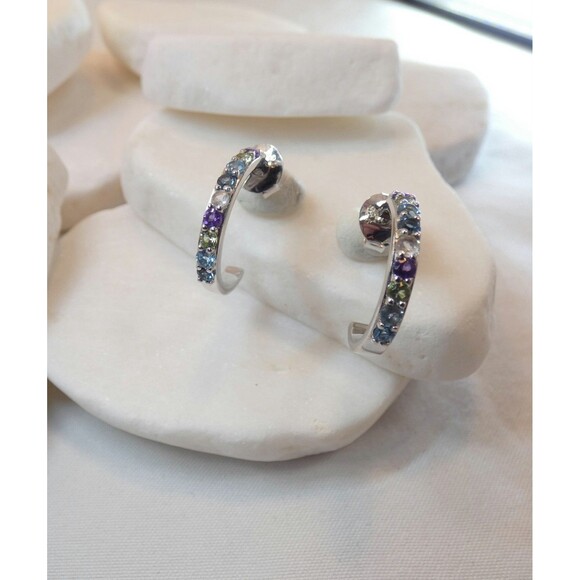 Genuine-Multi Color Gemstone Sterling Silver Hoop Earrings- Colorful Earrings - Picture 4 of 6